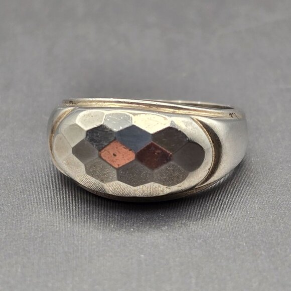 Sterling Silver Oval Checkerboard Dome Ring Size 8 Sculptural Crown Mark 6.31g - Picture 1 of 9